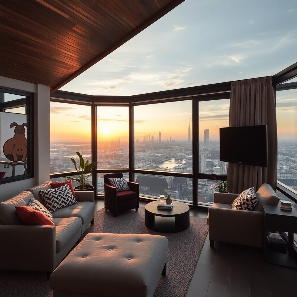 Teras penthouse dairesi Brüksel'de, panoramik şehir manzarası ve lüks iç mekan